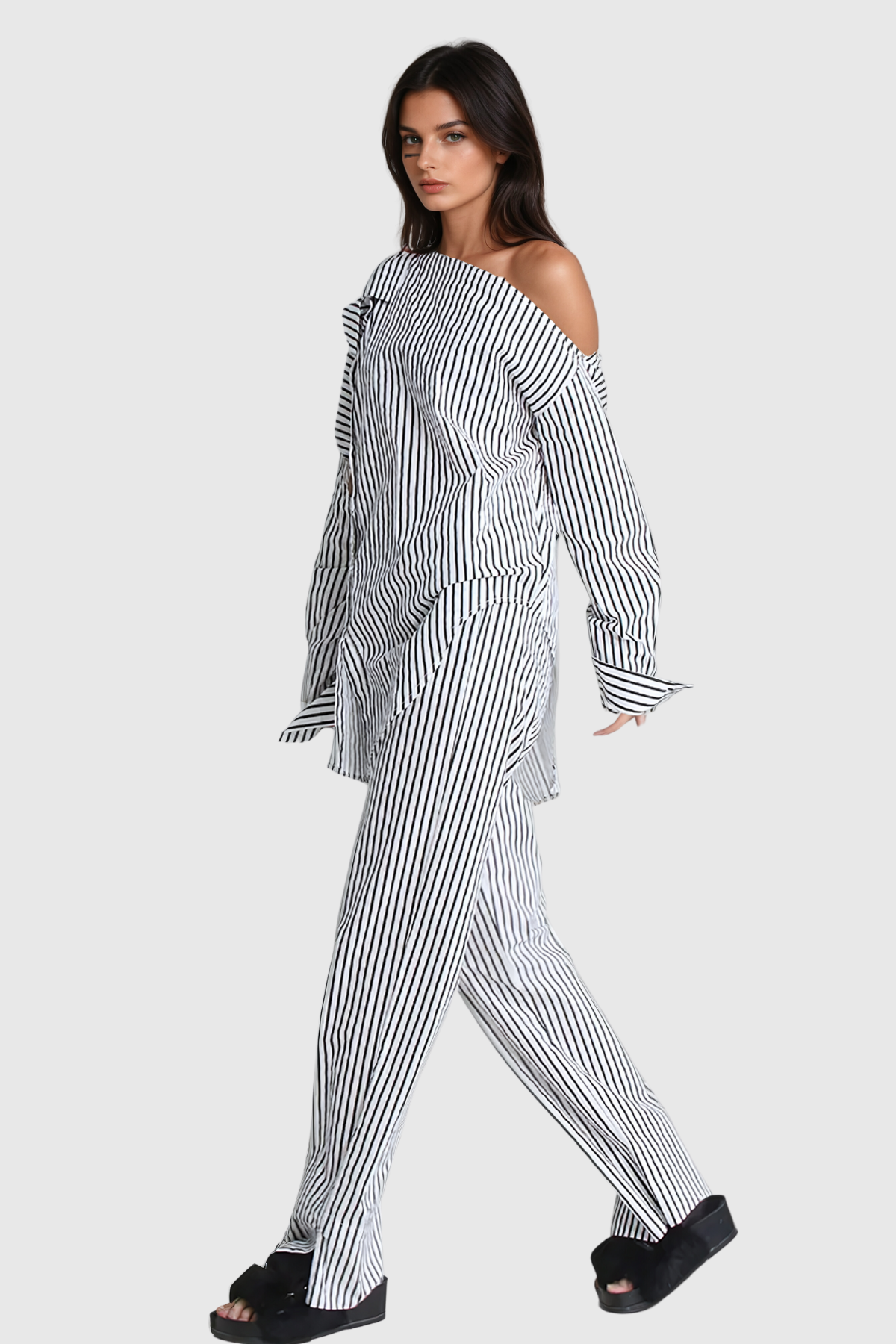 Agostino One Shouder Cutout Stripe Pants Set