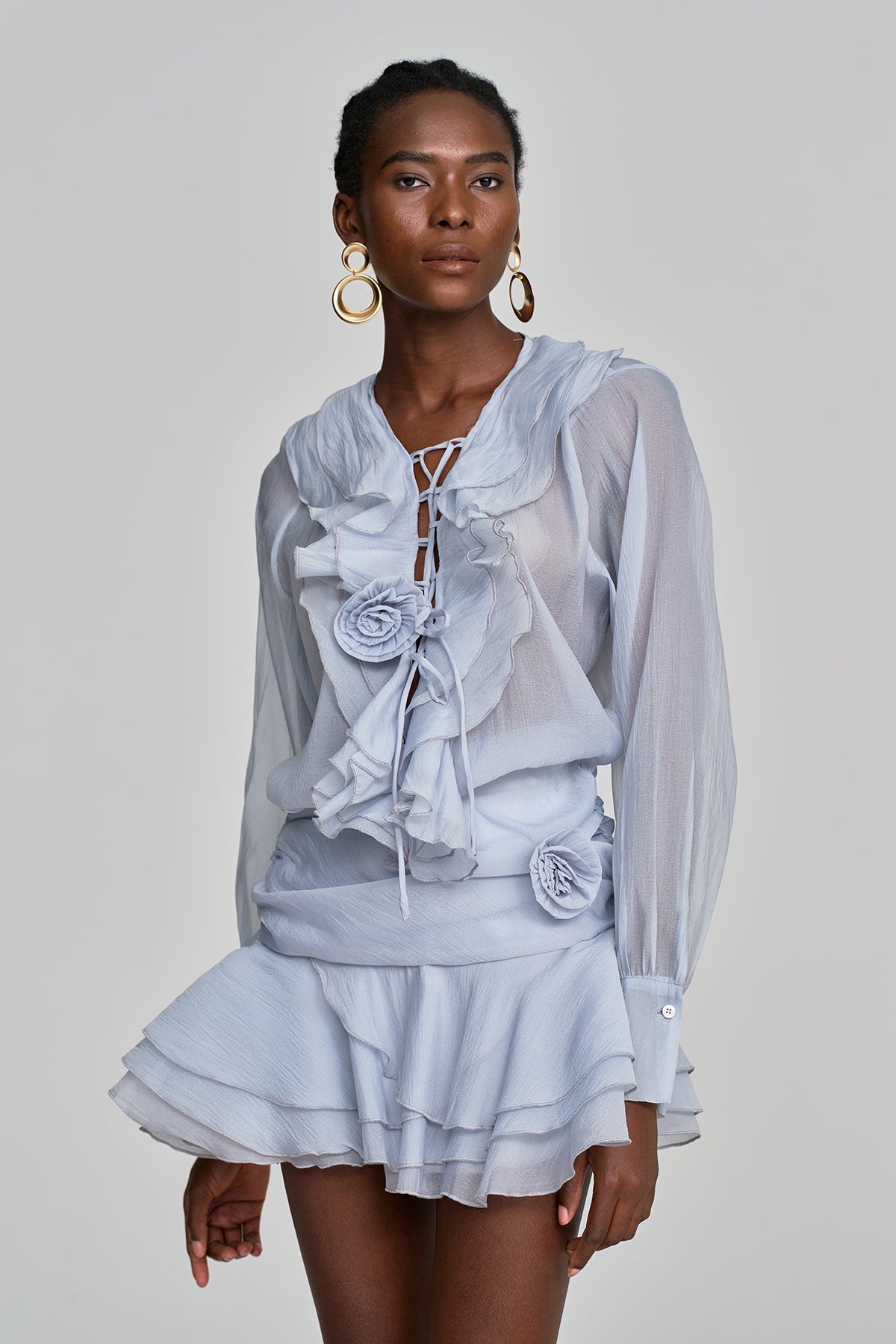 Amie Lace Up Flower Ruffle Skirt Set In Blue